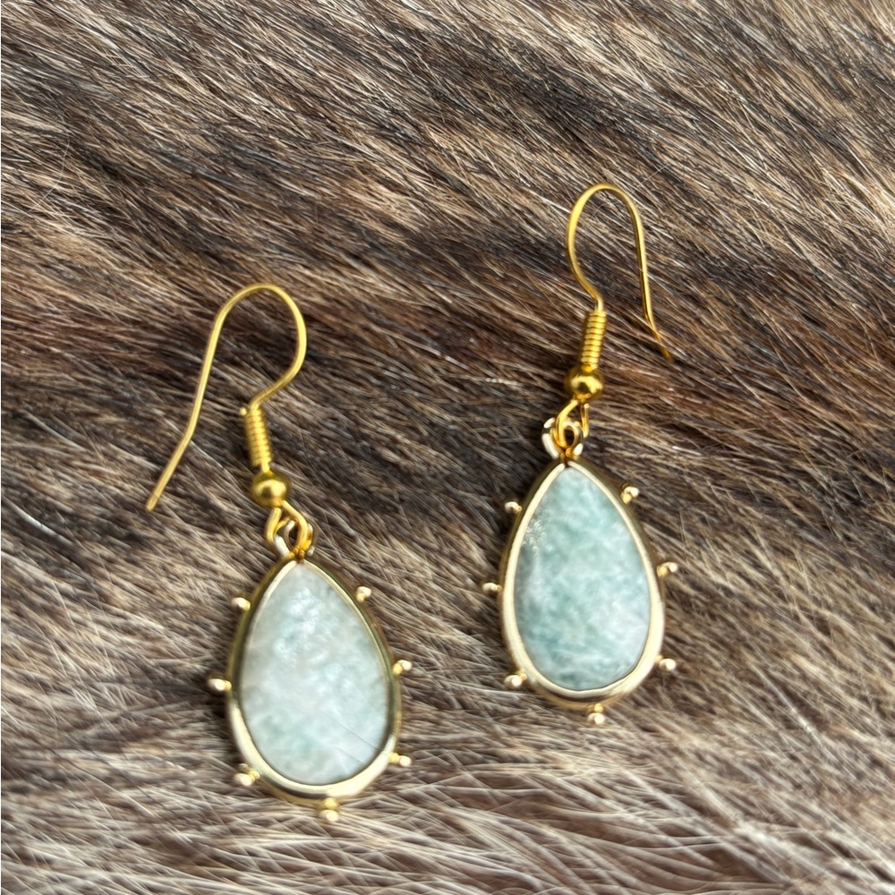 Genuine Amazonite Dangle Tear Drop Earrings - Picture 6 of 7
